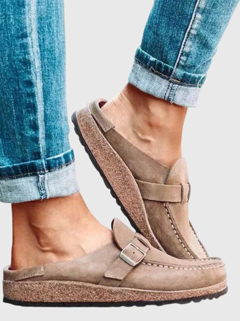 Women's Buckle Loafers Slip-On Leather Brown
