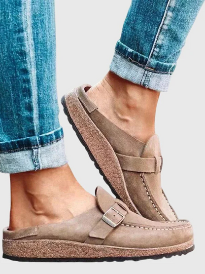 Women's Buckle Loafers Slip-On Leather Brown