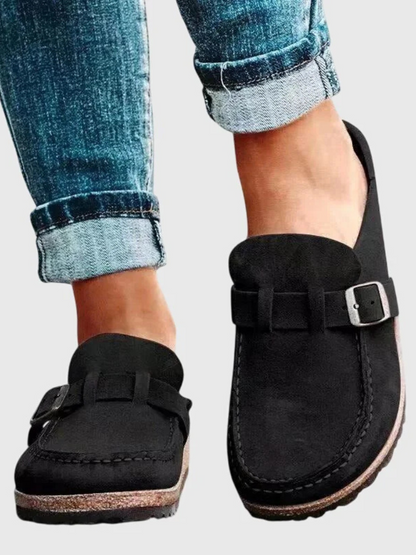 Women's Buckle Loafers Slip-On Leather Brown