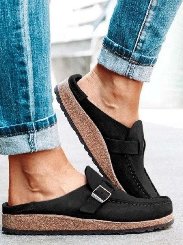Women's Buckle Loafers Slip-On Leather Brown