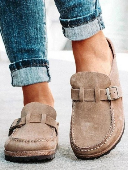 Women's Buckle Loafers Slip-On Leather Brown