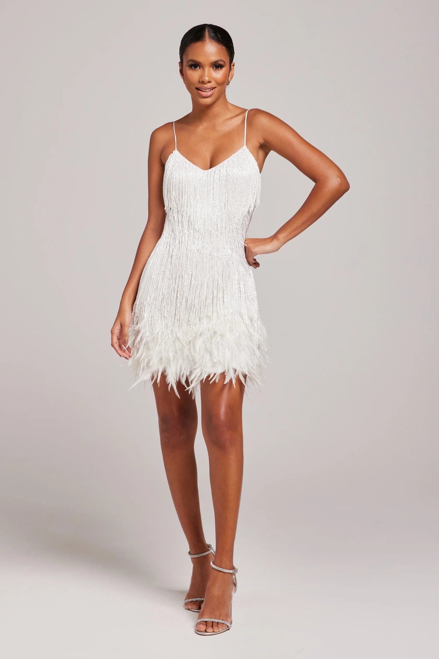 Women's Beaded Mini Cocktail Dress Feather Trim - VibreMode