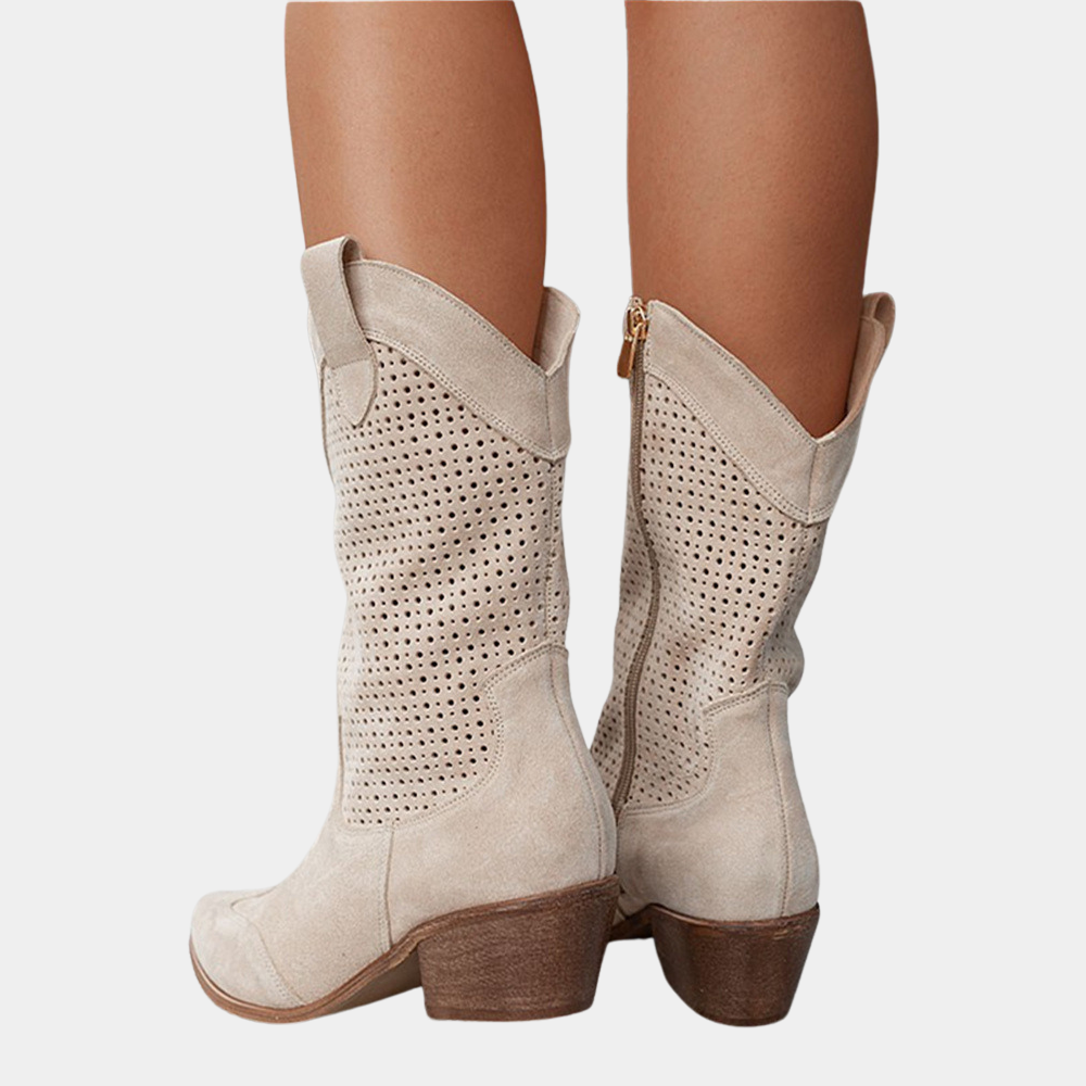 Women's Western Boots Mid-Calf Perforated Side Zip Brown