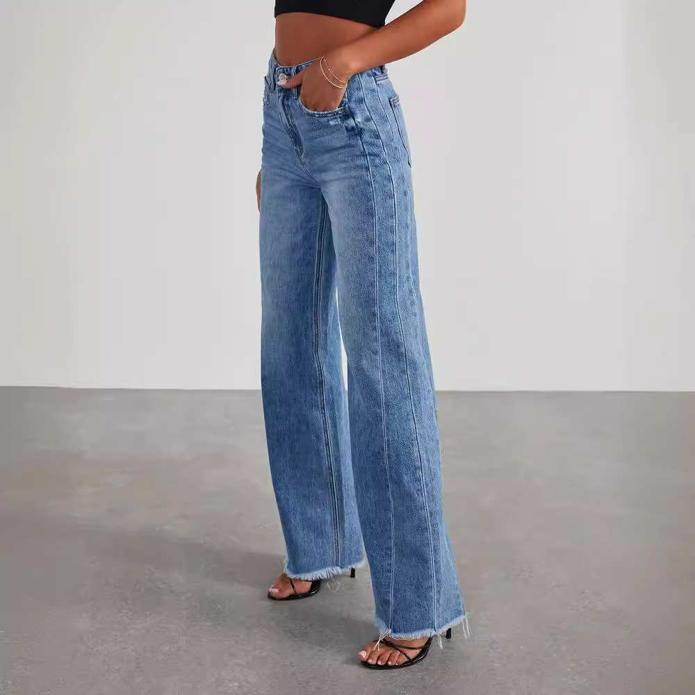 Women's High Waisted Wide Leg Jeans Raw Hem Blue