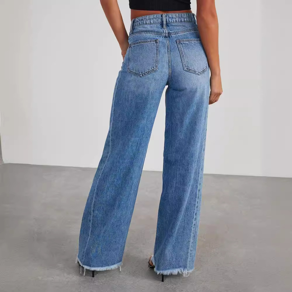 Women's High Waisted Wide Leg Jeans Raw Hem Blue