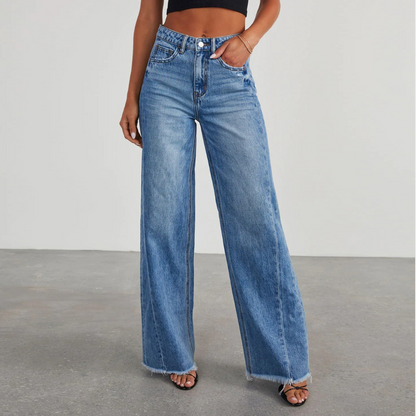Women's High Waisted Wide Leg Jeans Raw Hem Blue - VibreMode