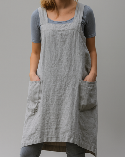 Women's Cotton Linen Dress Apron Style With Pockets