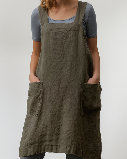 Women's Cotton Linen Dress Apron Style With Pockets