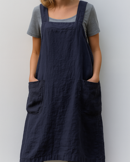 Women's Cotton Linen Dress Apron Style With Pockets