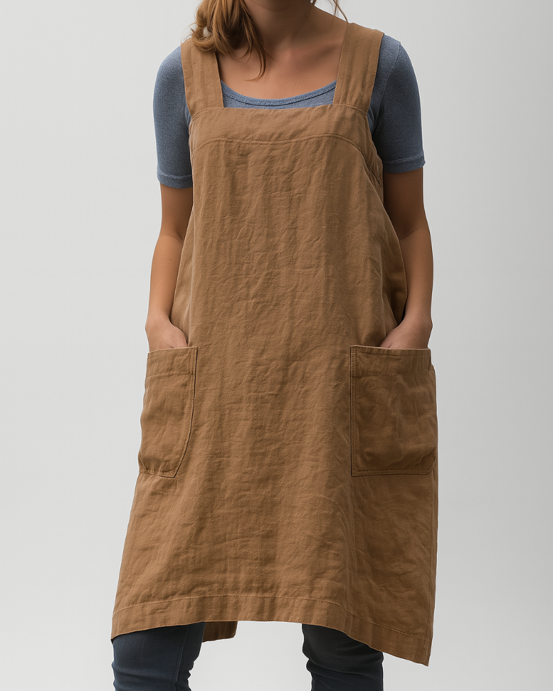 Women's Cotton Linen Dress Apron Style With Pockets - VibreMode