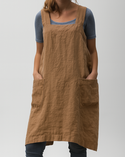 Women's Cotton Linen Dress Apron Style With Pockets - VibreMode