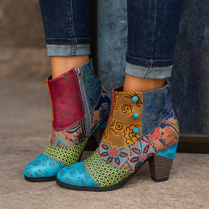 Women's Embossed Leather Boots Chunky Heel