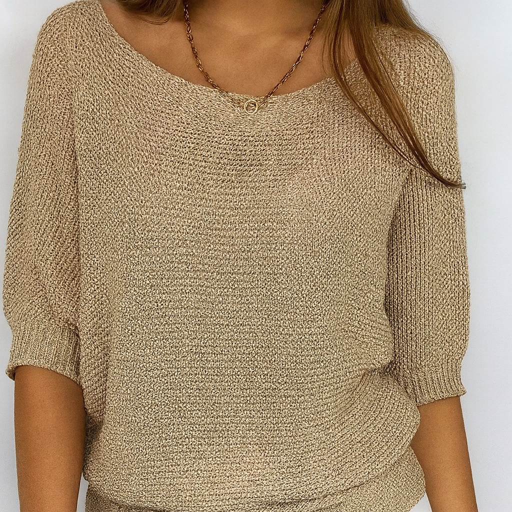 Khaki Crew Neck Sweater Half Sleeve Knitted Relaxed Fit - VibreMode