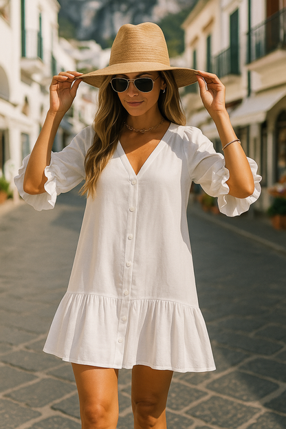 Women's Linen Ruffle Dress White - VibreMode