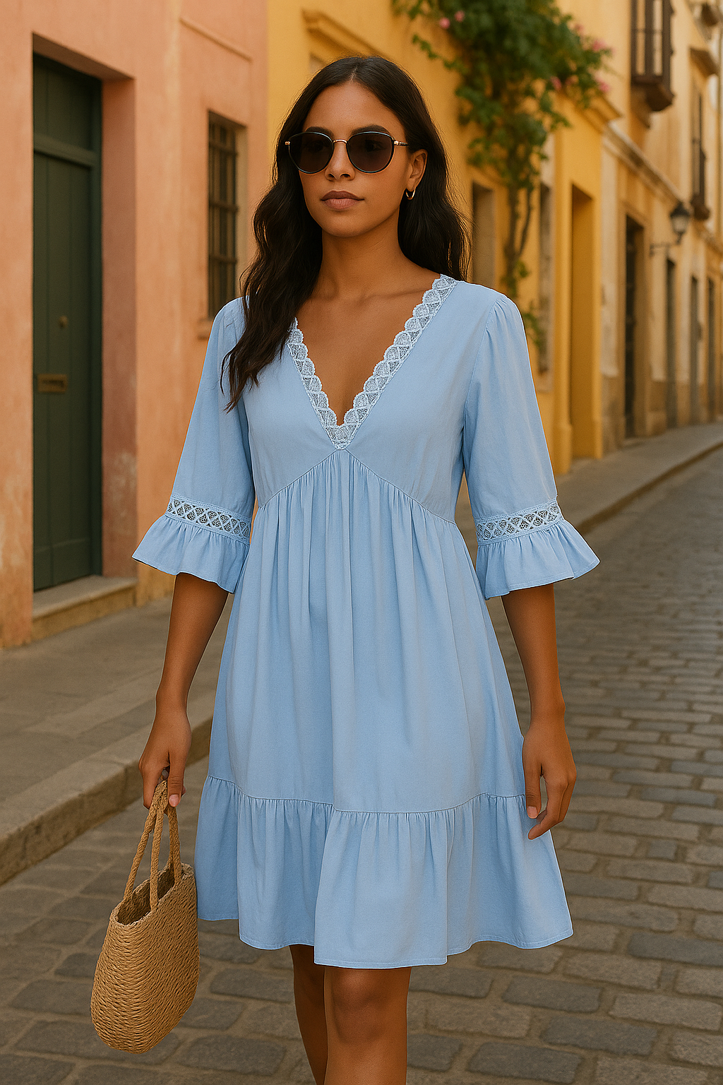 Women's Midi Dress Sky Blue Lace Trim