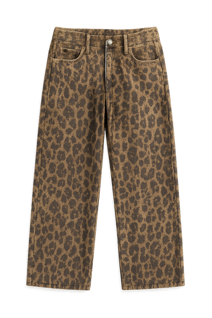 Women's Leopard Print Wide Leg Jeans Mid Waist Casual
