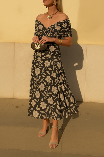 Women's Off Shoulder Midi Dress Floral Print - VibreMode