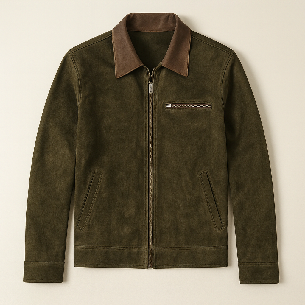 Men's Dark Green Suede Jacket Classic Field Style - VibreMode