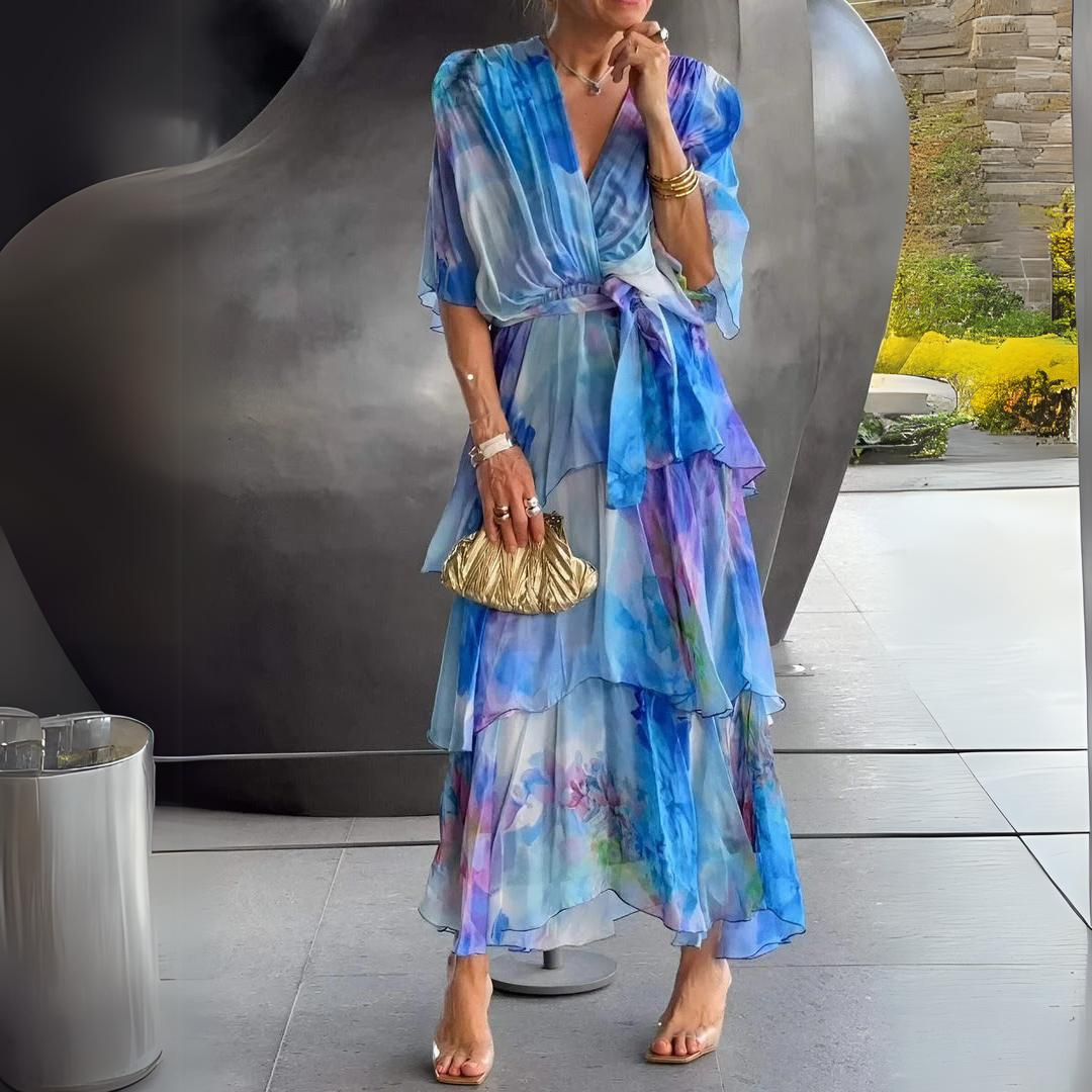 Elegant V Neck Slimming Flowy Party Dress - VibreMode