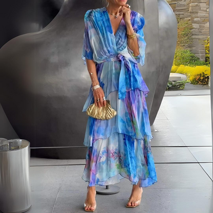 Elegant V Neck Slimming Flowy Party Dress - VibreMode
