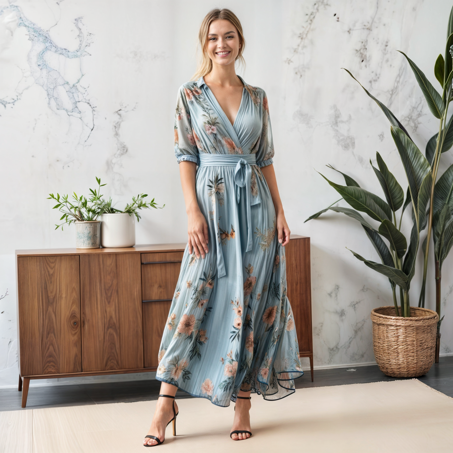 Elegant V Neck Knee Length Dress - VibreMode