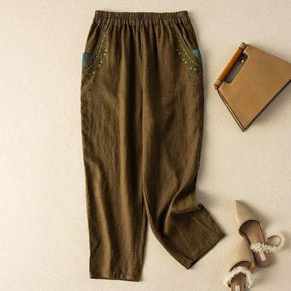 Linen Relaxed Fit Harem Pants Ankle Length Embroidered Pockets