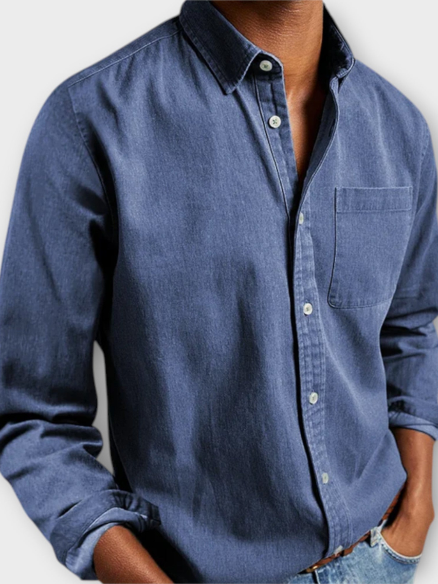 Men's Long Sleeve Button Front Shirt with Chest Pocket - VibreMode