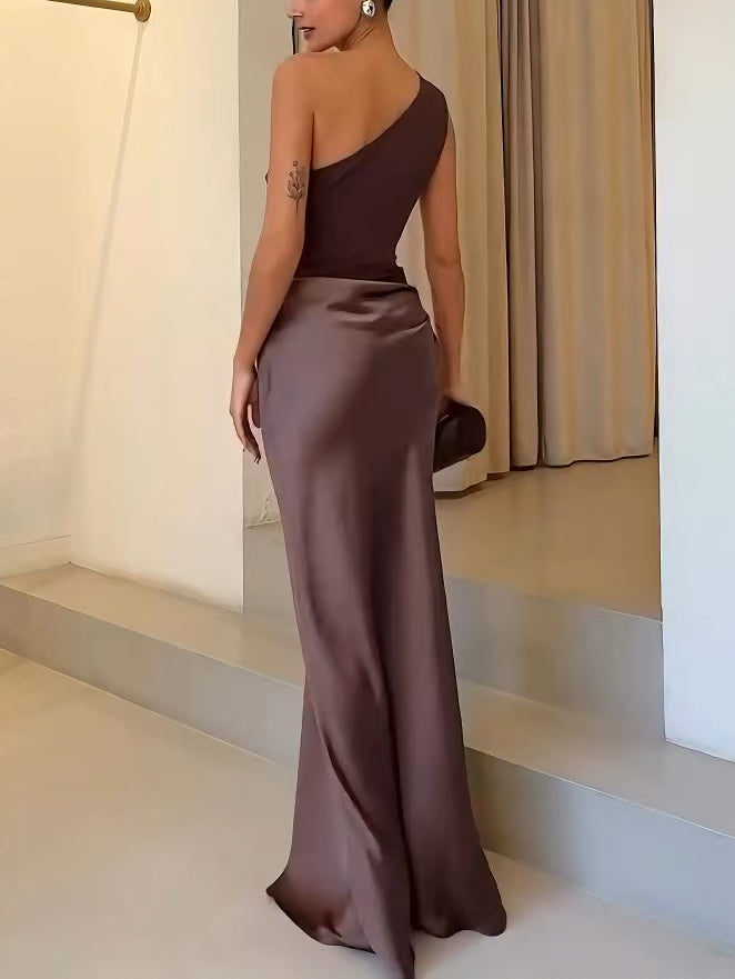 Women's Pleated Maxi Dress Satin Contrast Bodice