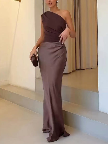 Women's One Shoulder Maxi Dress Pleated Party Wear