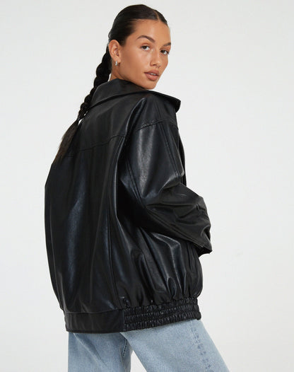 Women's Leather Zip-Up Jacket High Collar Relaxed Fit Black