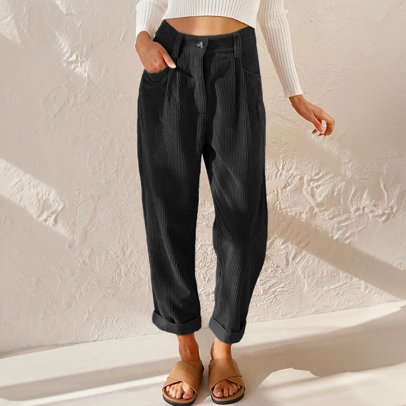 Women's High-Waisted Pleated Trousers Cuffed Hems