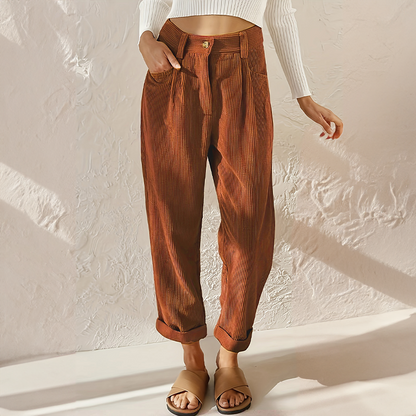 Women's High-Waisted Pleated Trousers Cuffed Hems