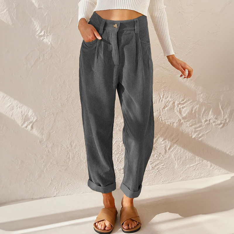 Women's High-Waisted Pleated Trousers Cuffed Hems