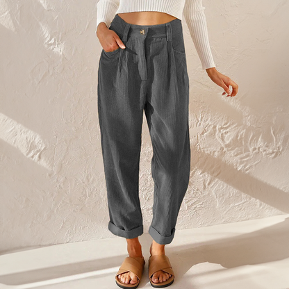 Women's High-Waisted Pleated Trousers Cuffed Hems