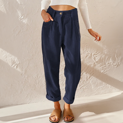 Women's High-Waisted Pleated Trousers Cuffed Hems