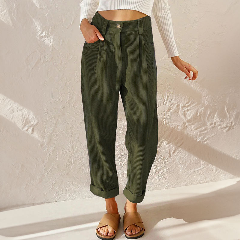 Women's High-Waisted Pleated Trousers Cuffed Hems
