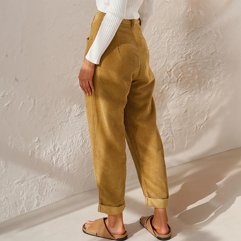 Women's High-Waisted Pleated Trousers Cuffed Hems