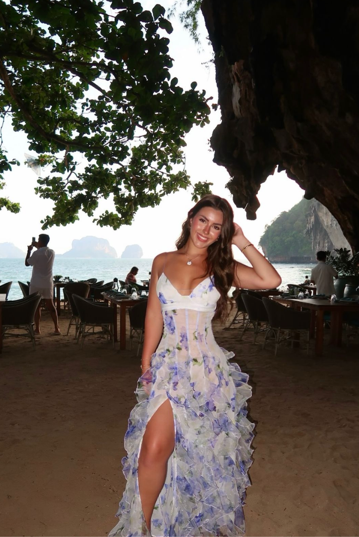 Women's V-Neck Maxi Dress Floral Ruffle Skirt