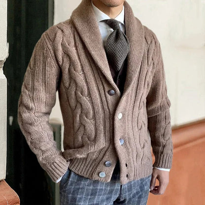 Men's Cable-Knit Cardigan Shawl Collar Button Closure Beige - VibreMode