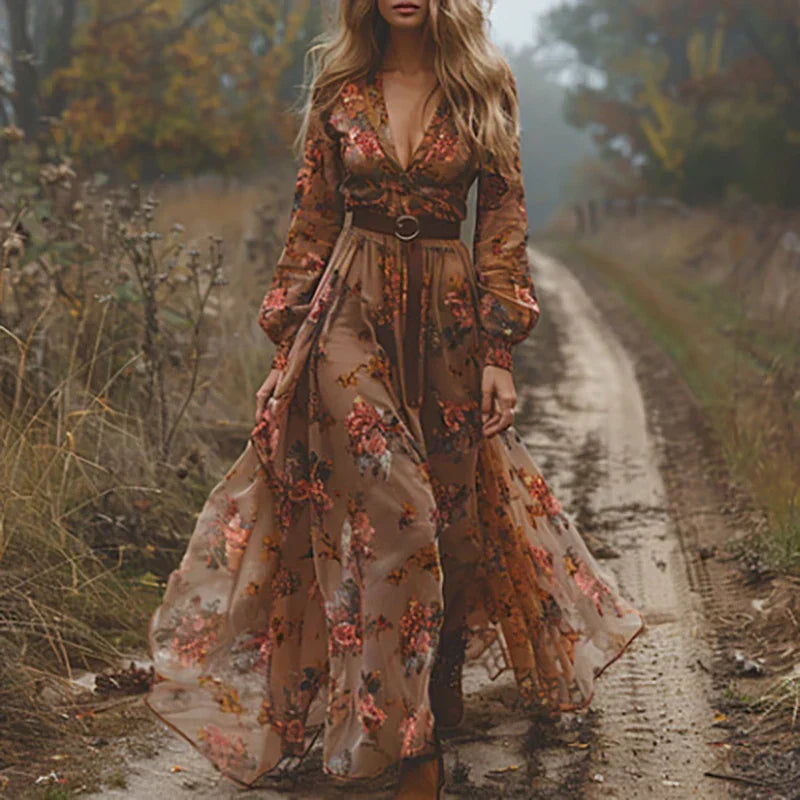 Women's V Neck Bohemian Dress Belted Waist