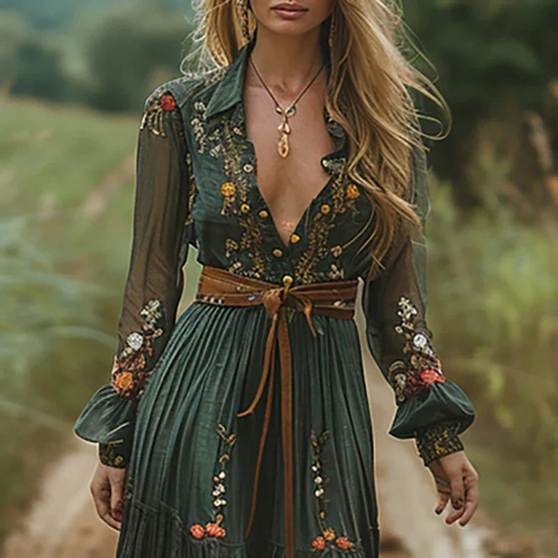 Elegant Floral Long Sleeve Bohemian Maxi Dress