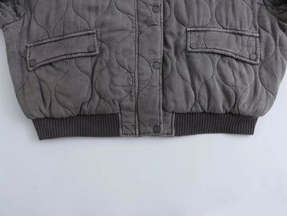 Women's Quilted Bomber Jacket Oversized Snap Button Closure