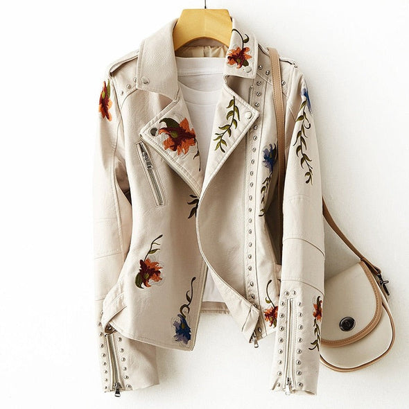 Women's Leather Jacket Embroidered With Studs Black - VibreMode