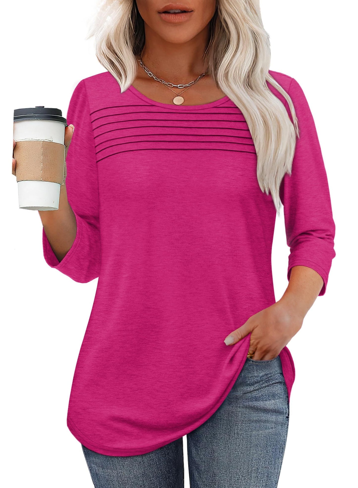 Women's Crew Neck 3/4 Sleeve Pleated - VibreMode