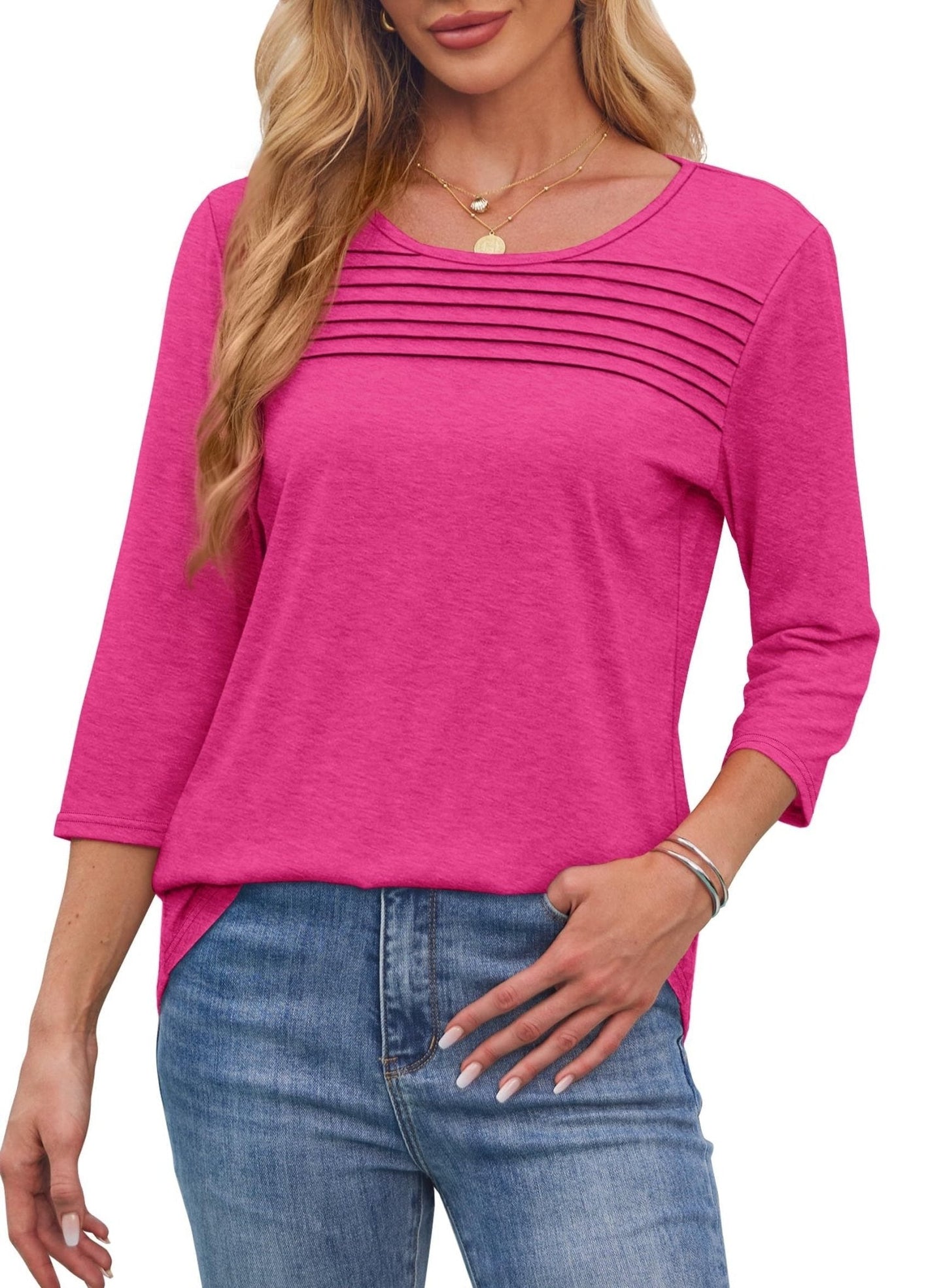 Women's Crew Neck 3/4 Sleeve Pleated