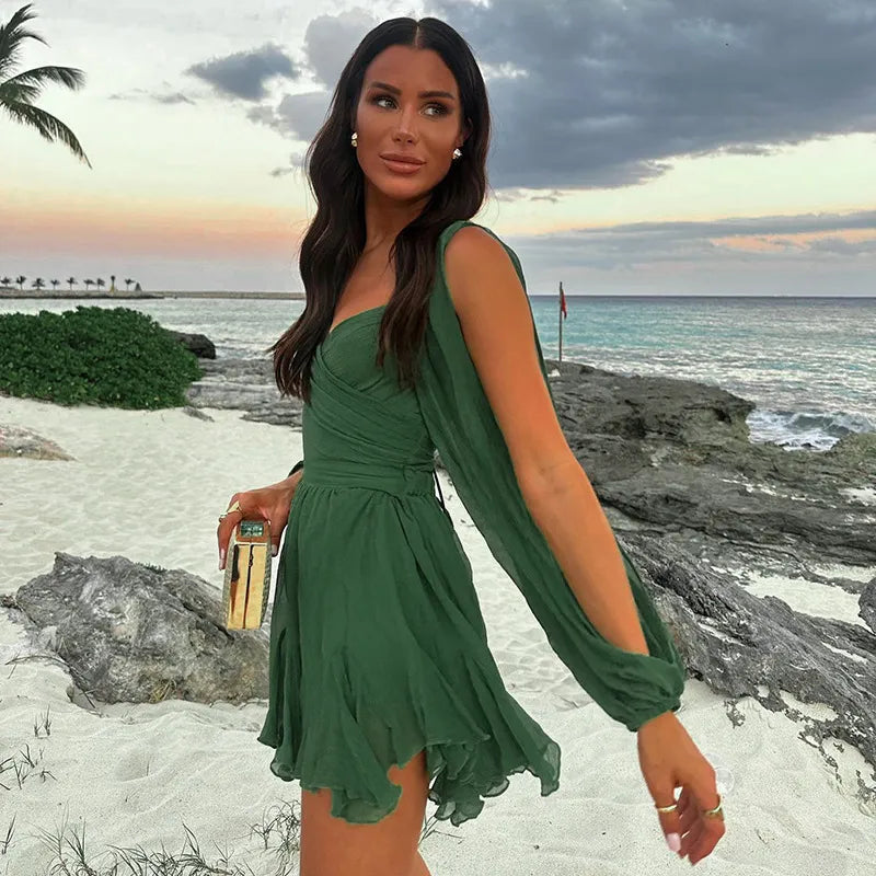 Women's Sweetheart Mini Dress Ruffle Hem Split Sleeves