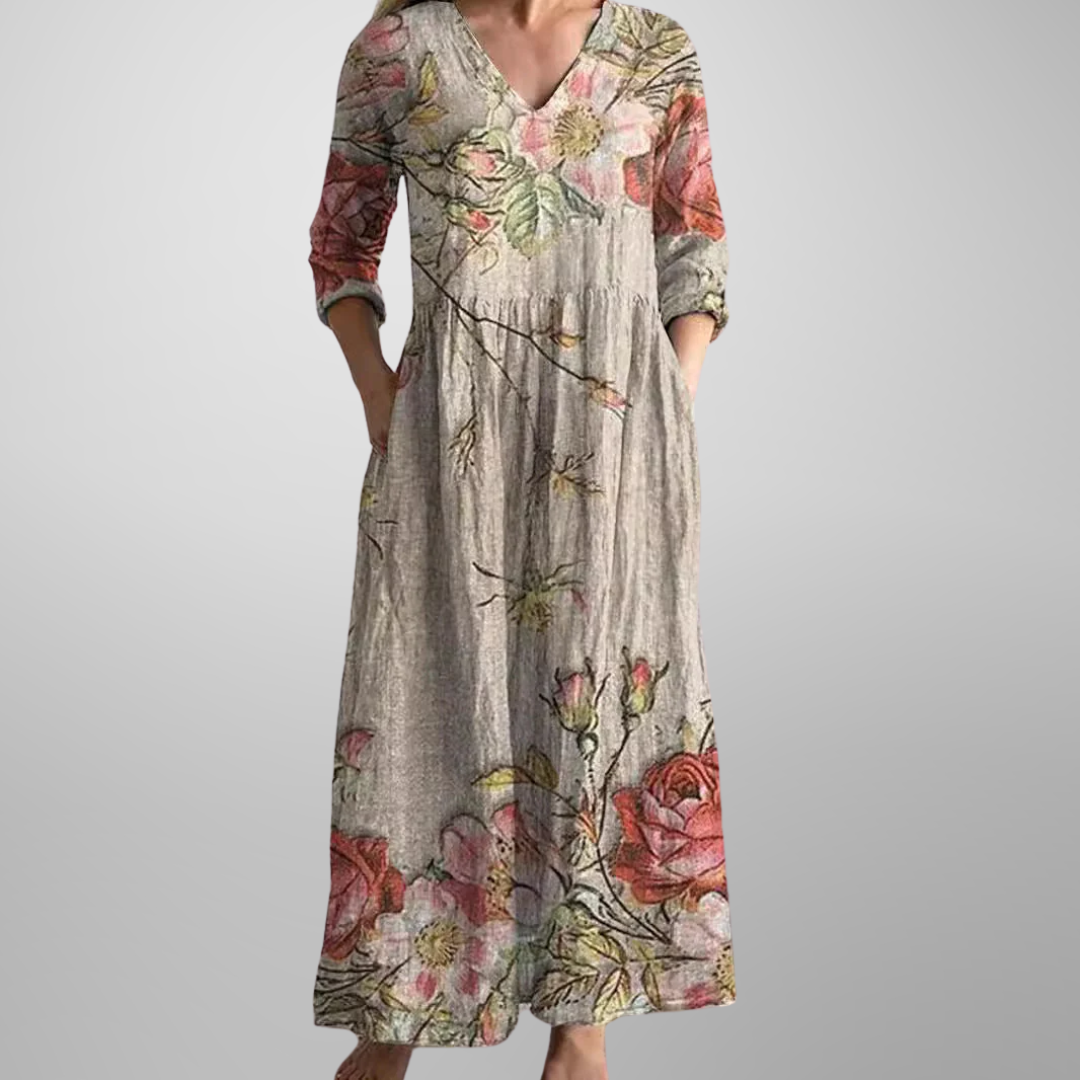 Women's V Neck Floral Midi Dress - VibreMode