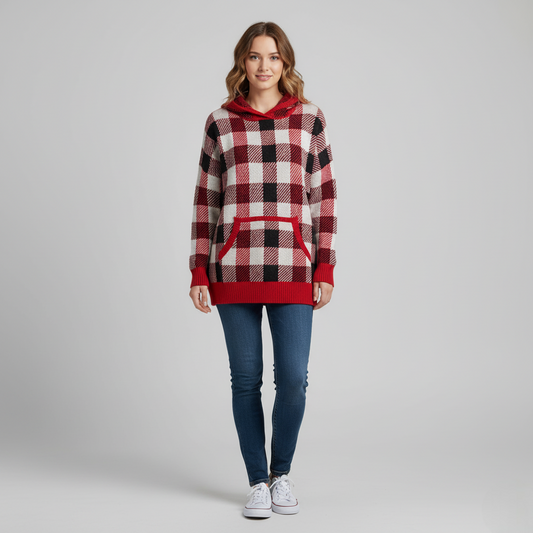 Women's Plaid Knit Hoodie Sweater Red Black - VibreMode