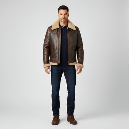 Men's Leather Aviator Jacket Shearling Lining Zip Front - VibreMode