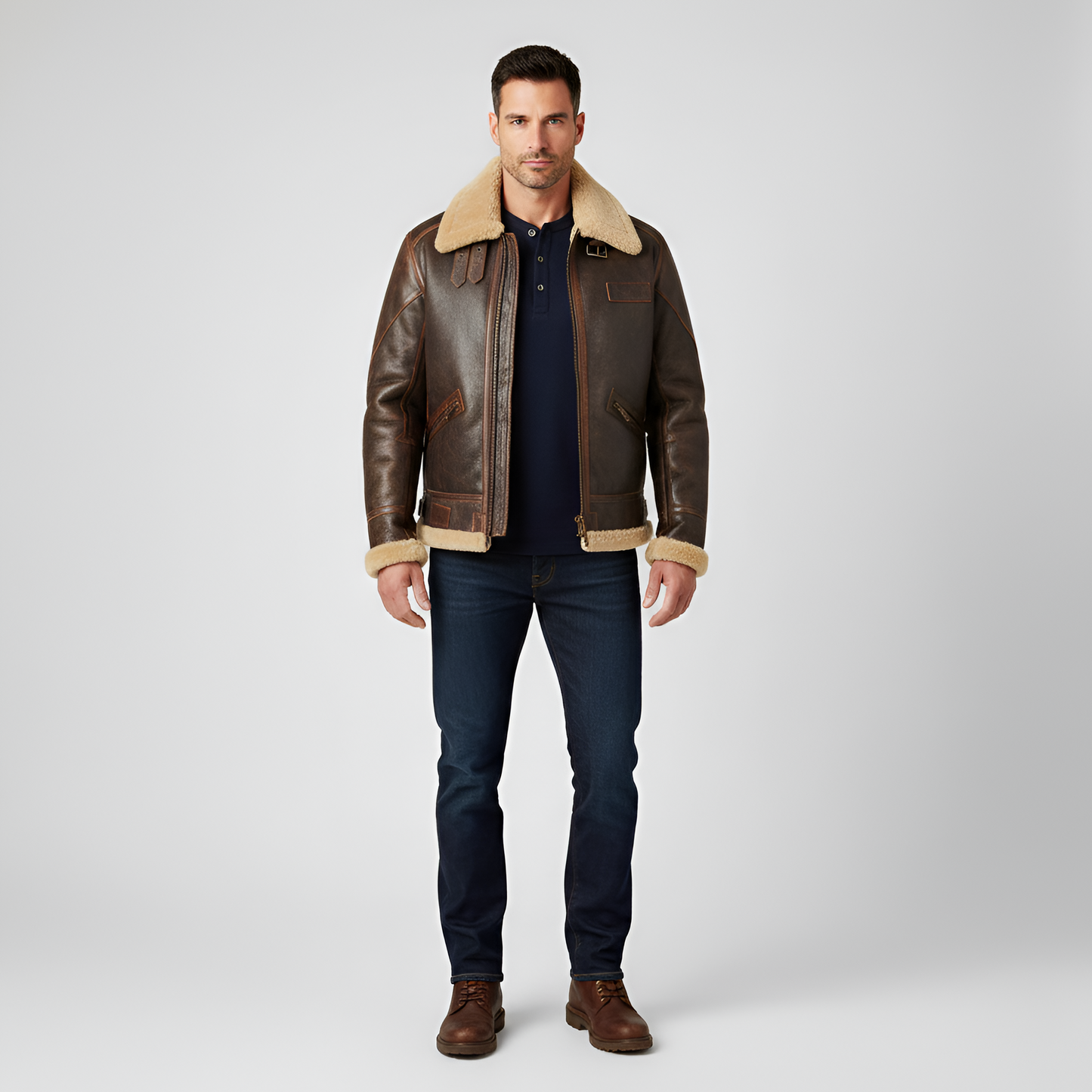 Men's Leather Aviator Jacket Shearling Faux Fur Collar - VibreMode